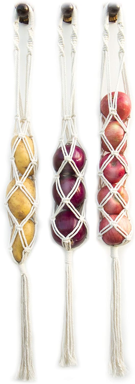 Decocove Hanging Fruit Basket - Boho Basket for Potato, Onion and Fruit Storage - Boho Wall Hanging