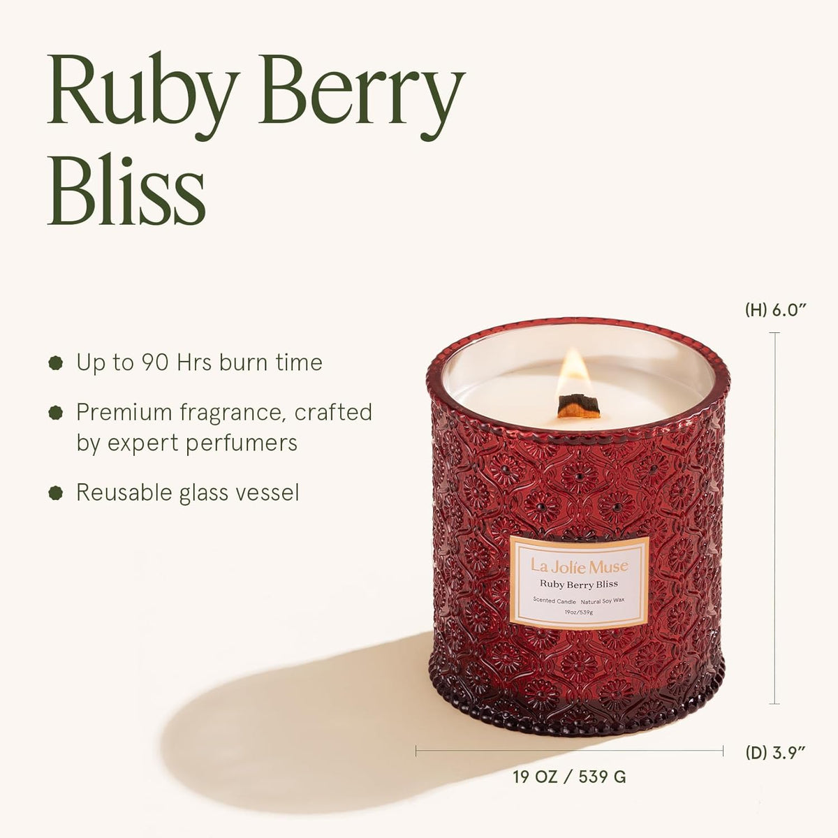LA JOLIE MUSE Ruby Berry Bliss Scented Candle – Mandarin, Cranberry & Plum | 19 oz Festive Fall