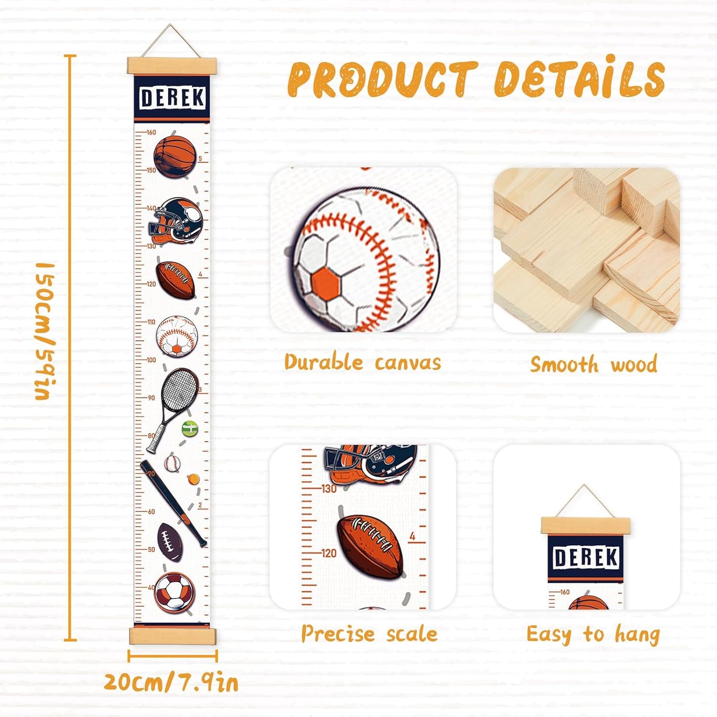 Personalized Name Growth Chart Wall Decor for Kids – Canvas Removable Height Chart Measuring Ruler
