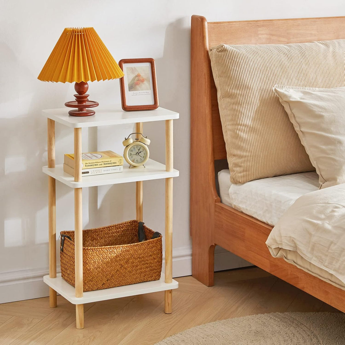 IBUYKE 3-Tier Side Table, Solid Wood Tall End Table with Storage Shelves, Nightstand Bedside Table