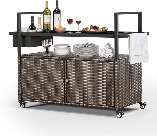 Outdoor Bar Cart with Storage Cabinet, Outdoor Grill Cart with Wheels, Rattan Bar Cart with