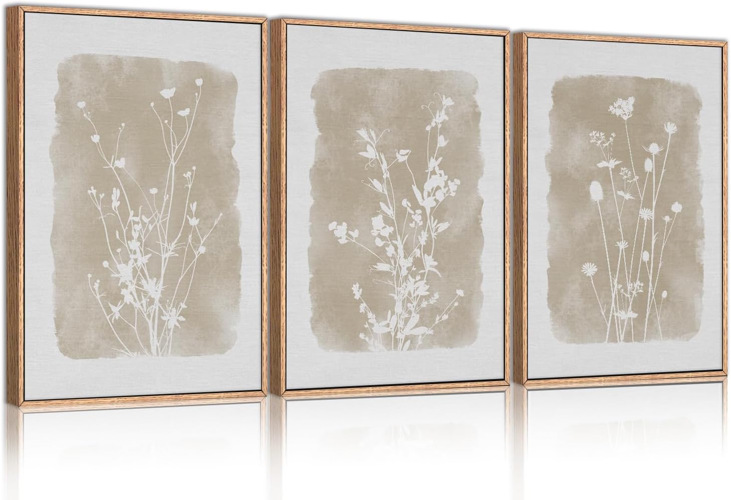 HPINUB Large Boho Wildflowers Canvas Framed Wall Art Set,Minimalist Vintage Flower Wall Decor,Beige