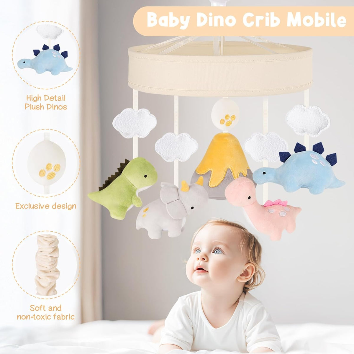Dinosaur Crib Mobile – Beige Dino Baby Crib Mobile with 3-Mode Music Box, Nursery Mobile with