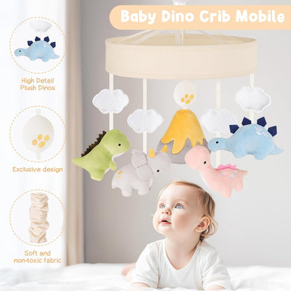 Dinosaur Crib Mobile – Beige Dino Baby Crib Mobile with 3-Mode Music Box, Nursery Mobile with
