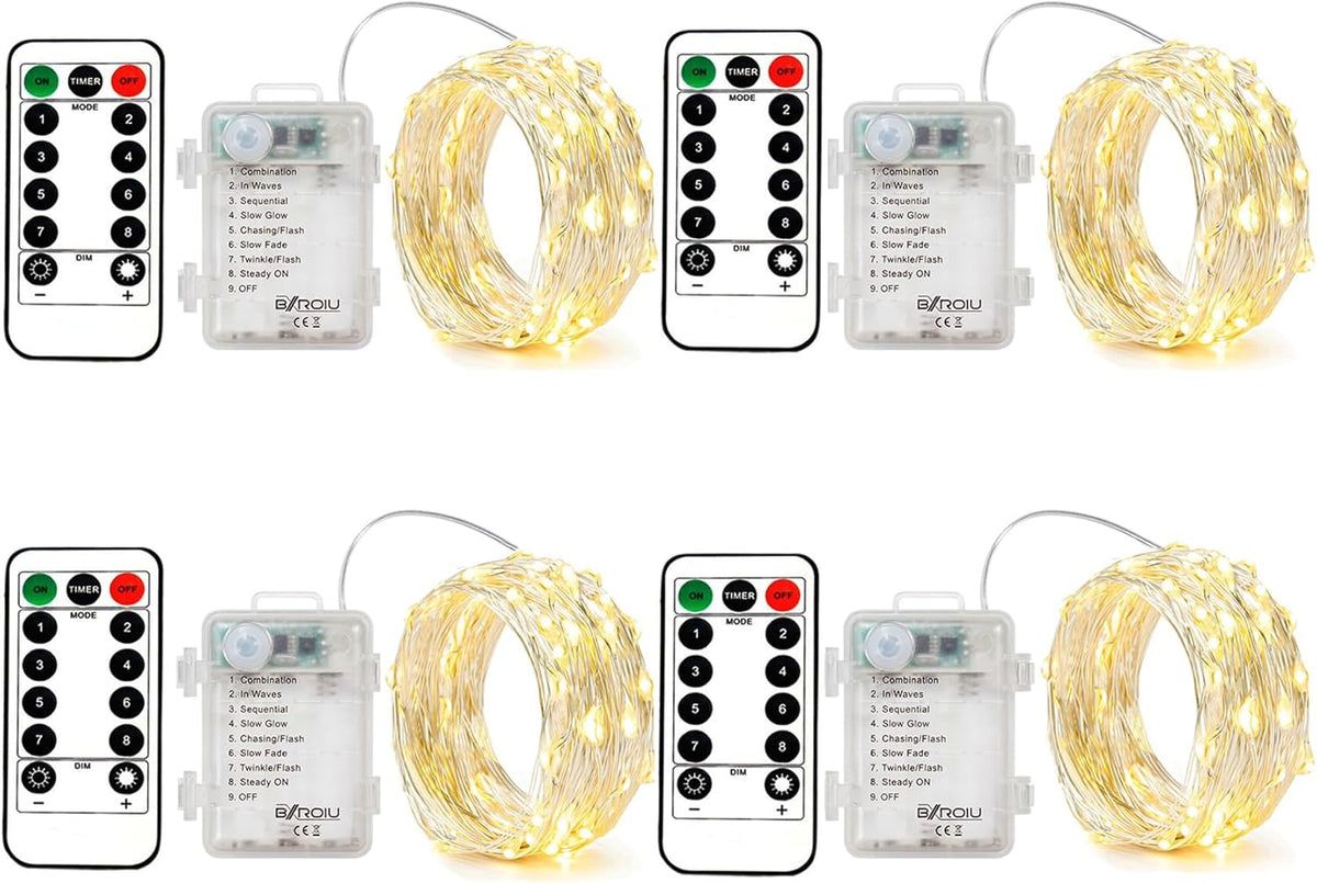 4 Pack Battery Operated Fairy String Lights, 8 Modes 5M Silver Wire with Remote & Timer - 50 LEDs