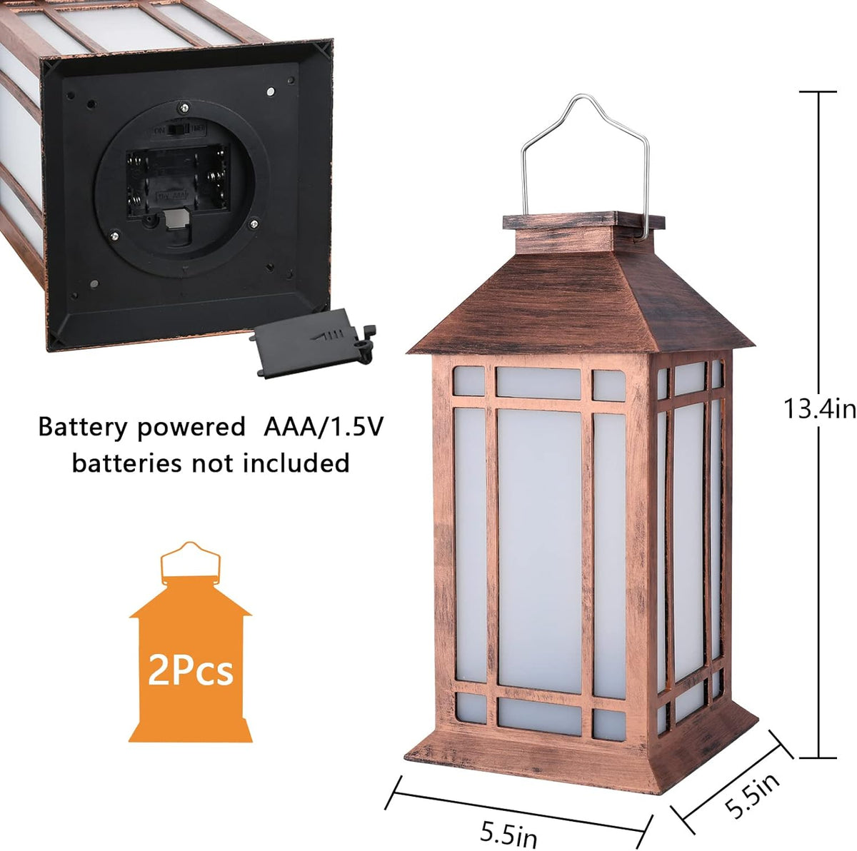 2-Pack 13" Vintage Candle Lantern with Led Flameless Candle (6hr Timer) - IP65 Waterproof Battery