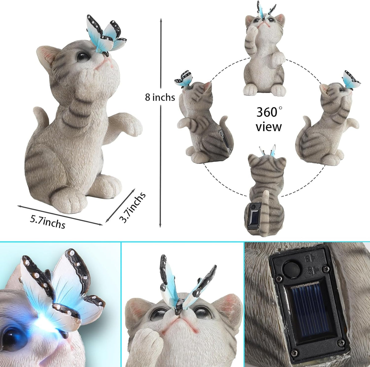 Cat Garden Statue Outdoor Solar Decorations Butterfly Light Figurine Color Changing LED Lights