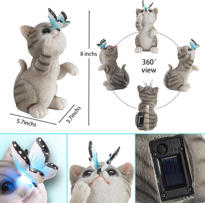 Cat Garden Statue Outdoor Solar Decorations Butterfly Light Figurine Color Changing LED Lights