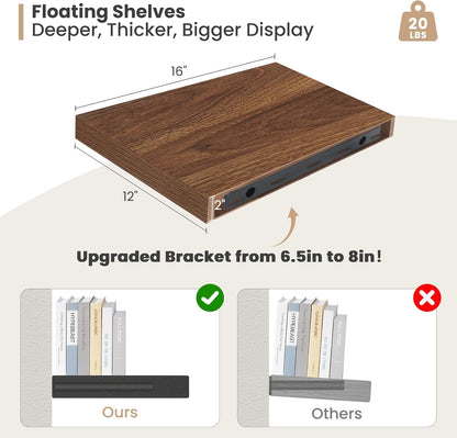 Heimlove 12 Inch Deep Floating Shelves, 16 x 12 inches Long Wall Shelf, Large Extra Display Shelf &