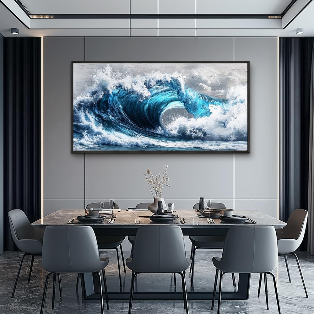 PHAOHUAXM Large Canvas Blue Wave Paintings Wall Art For Living Room Wall Decoration For Bedroom
