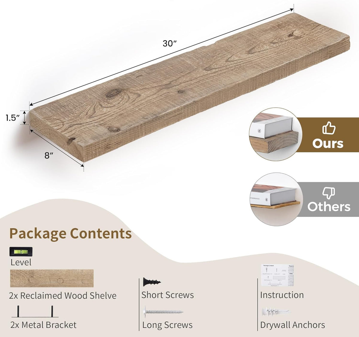 Floating Shelves, 8 Inch Deep Rustic Solid Reclaimed Wood Wall Shelves for Storage, Wall Mounted