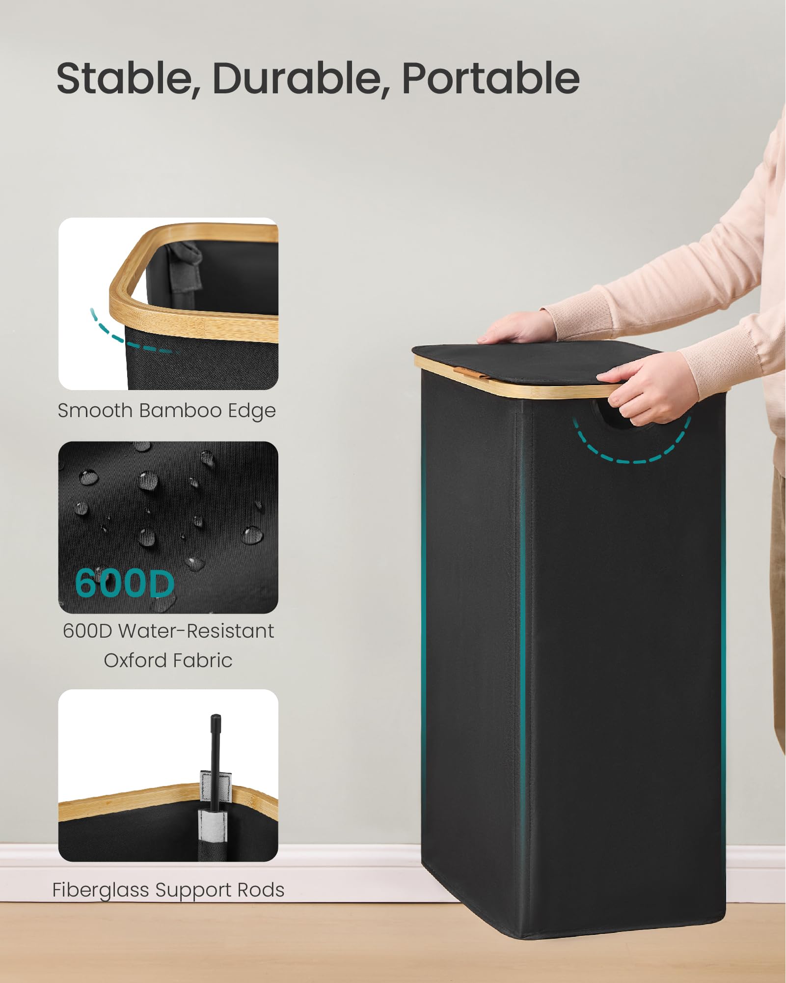 SONGMICS Laundry Hamper, Laundry Basket with Lid, Foldable Storage Basket, Bamboo Frame, for