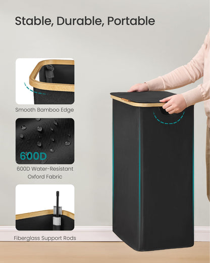 SONGMICS Laundry Hamper, Laundry Basket with Lid, Foldable Storage Basket, Bamboo Frame, for