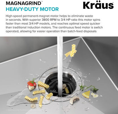 KRAUS WasteGuard High-Speed 3/4 HP Continuous Feed Ultra-Quiet Motor Garbage Disposal with Power