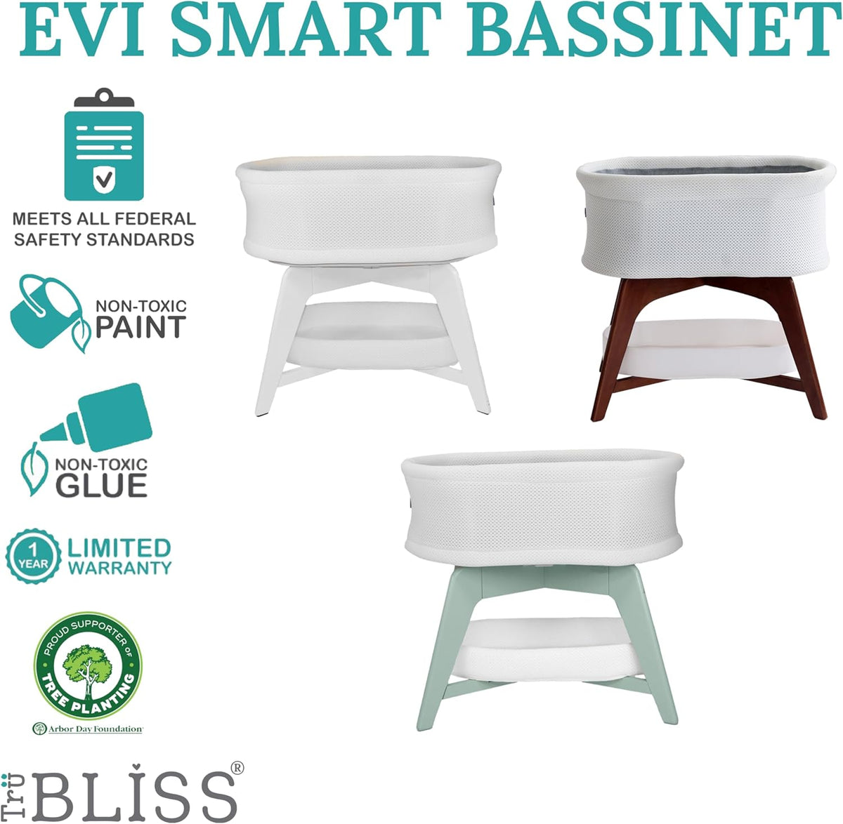 Evi Smart Baby Bassinet Beside Sleeper with Auto-Glide, Ambient Nightlight & Sensory Sounds