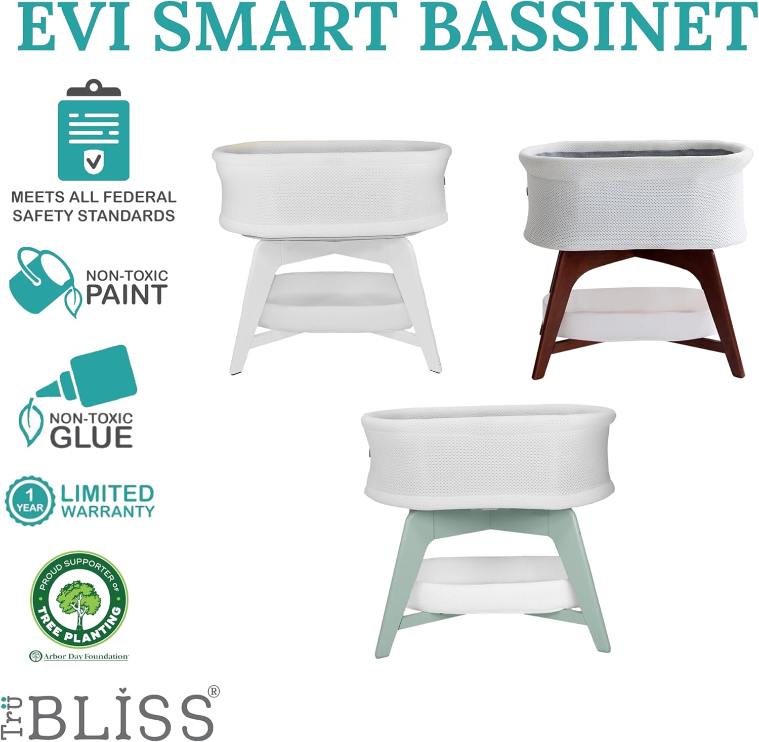 Evi Smart Baby Bassinet Beside Sleeper with Auto-Glide, Ambient Nightlight & Sensory Sounds