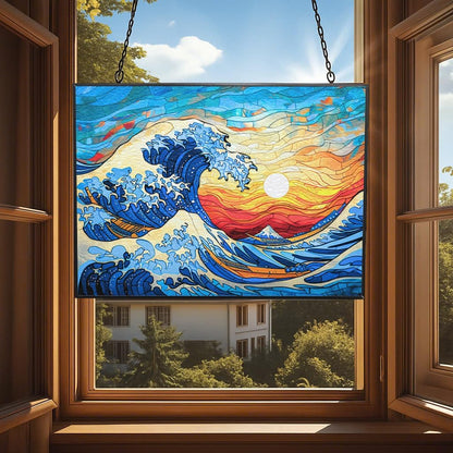 Rectangle Ocean Wave Stained Glass Suncatcher 4 Season Colorful Window Wall Ornament Hand-Painted