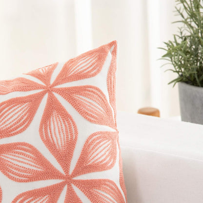 HWY 50 Coral Pink Decorative Throw Pillow Covers 18x18 Inch (1 Piece), Embroidered Cotton Farmhouse
