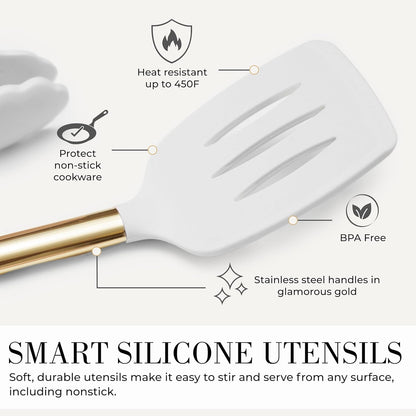 Styled Settings White and Gold Kitchen Utensils Set - 15-Piece BPA free, Non-Scratch, Utensils Set