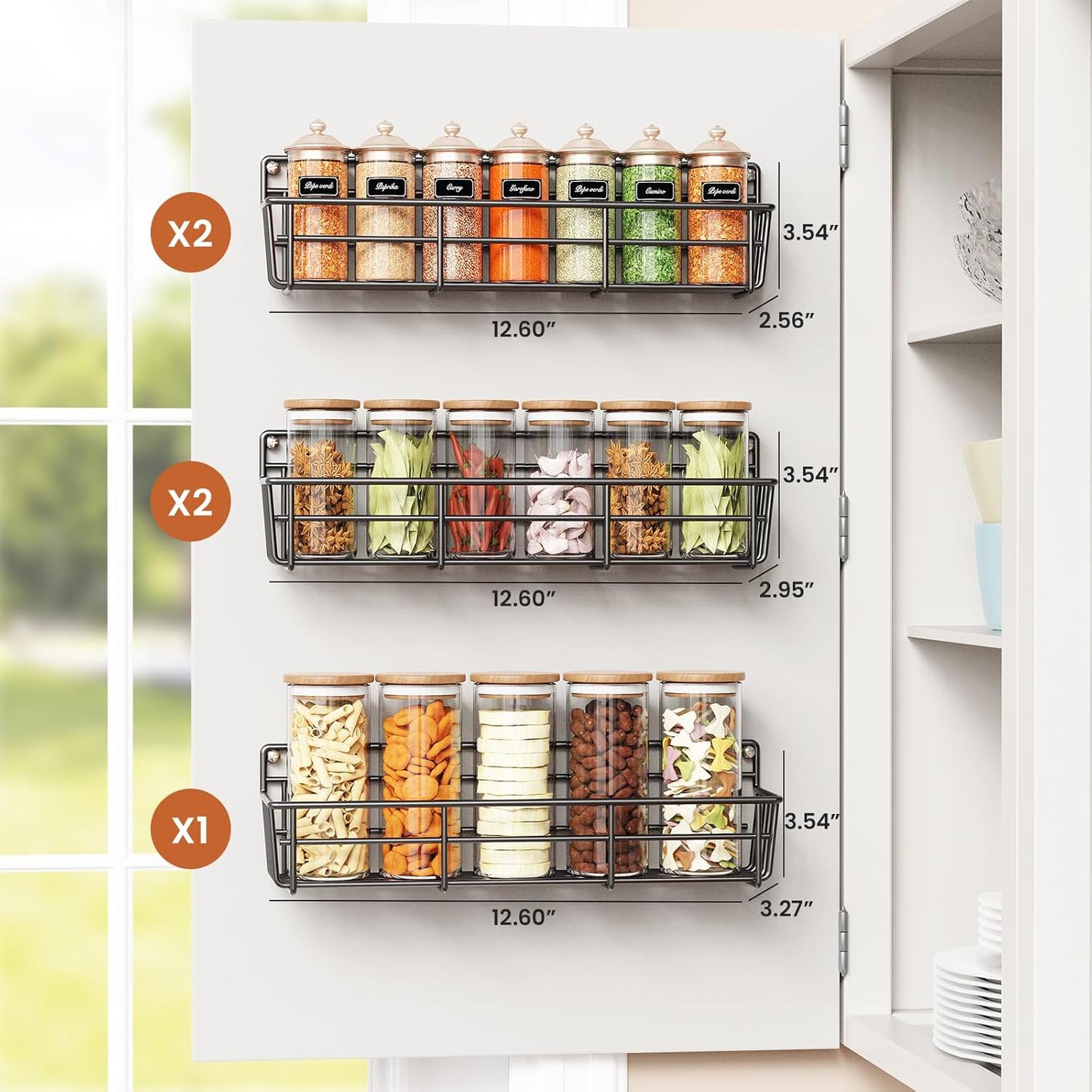 5 Pack Spice Rack Seasoning Organizer Wall Mount, Screw or Adhesive Hanging Shelf Basket Spice