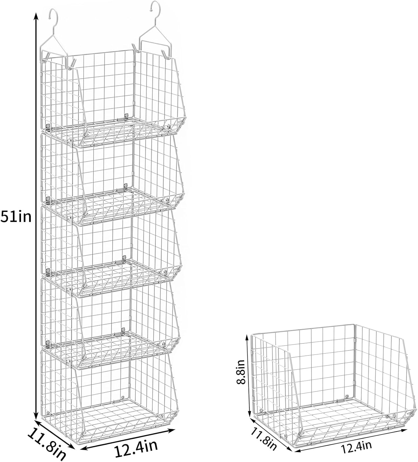 5 Tier Closet Hanging Organizer, Clothes Hanging Shelves with 4 Hanging Hooks 5 S Hooks, Wire
