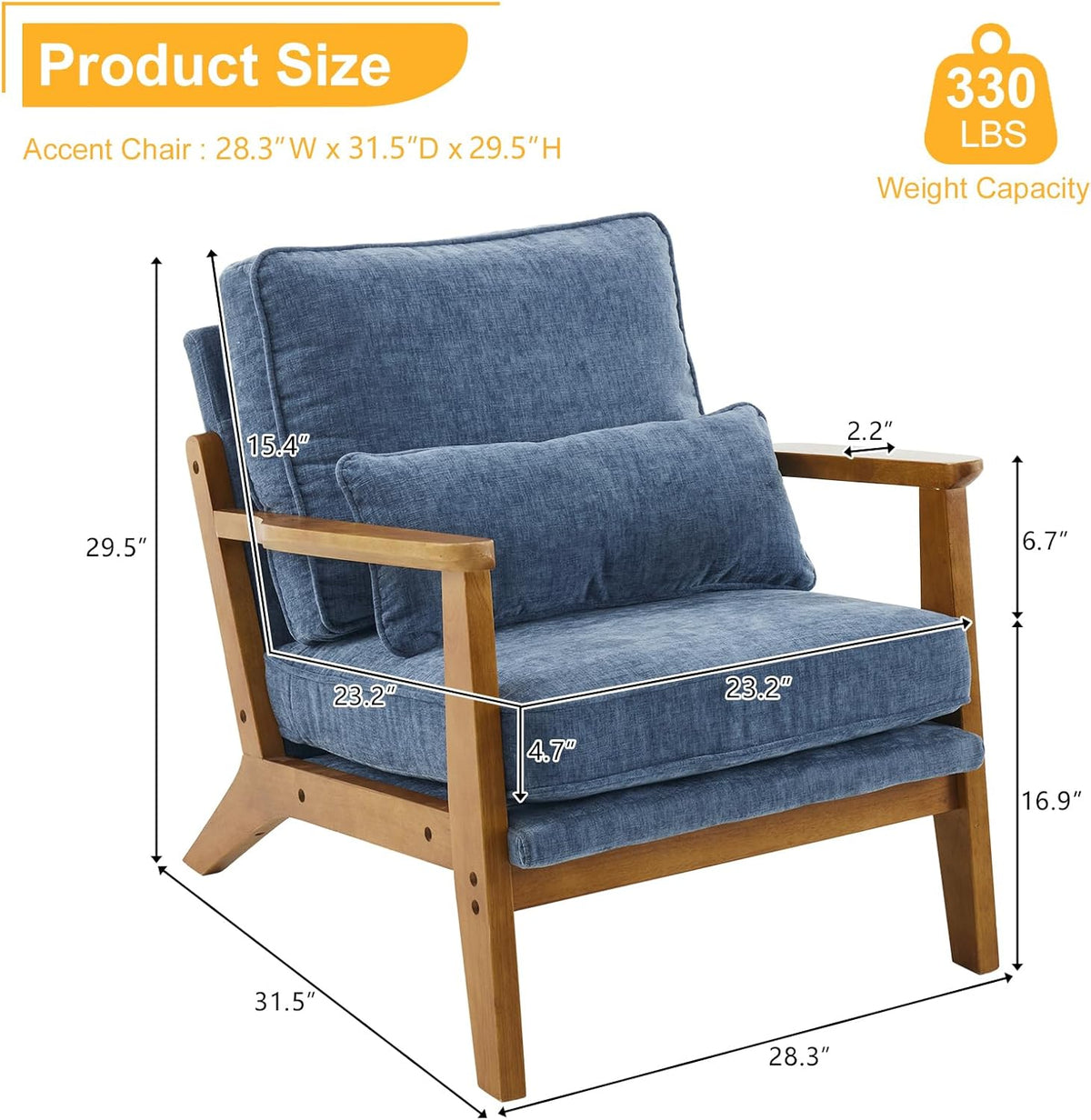 Karl home Accent Chair Wide Armrest Mid-Century Lounge Chair Chenille Armchair with Lumbar Pillow &