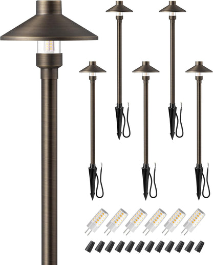 EDISHINE Solid Brass Low Voltage Landscape Lighting, 22" Tall 6" Shade w/ G4 Bulb, 6Pack 12V 350LM
