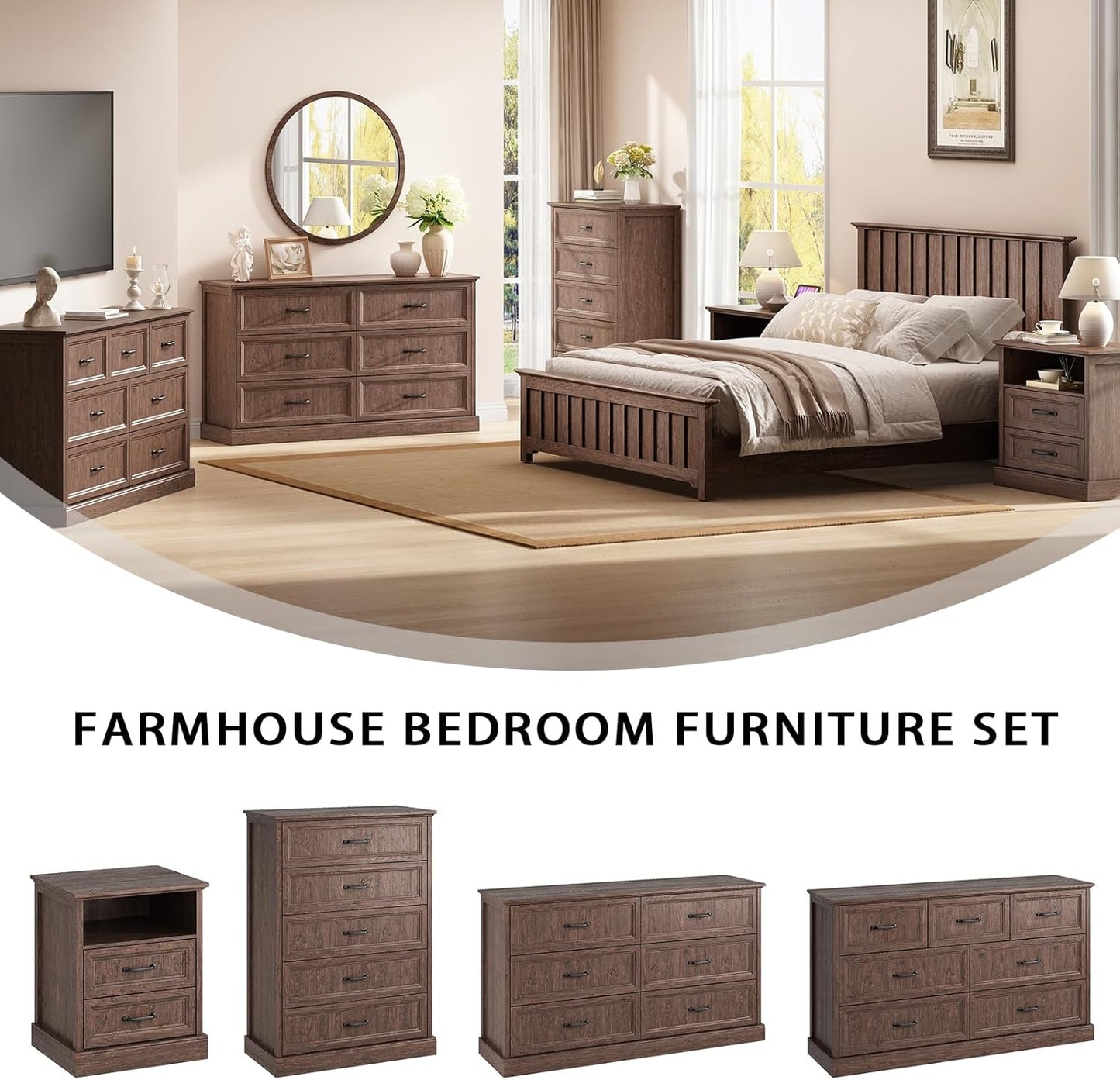 Farmhouse 6 Drawer Dresser for Bedroom, 55 Inch Wide Modern Brown Dresser TV Stand with Large