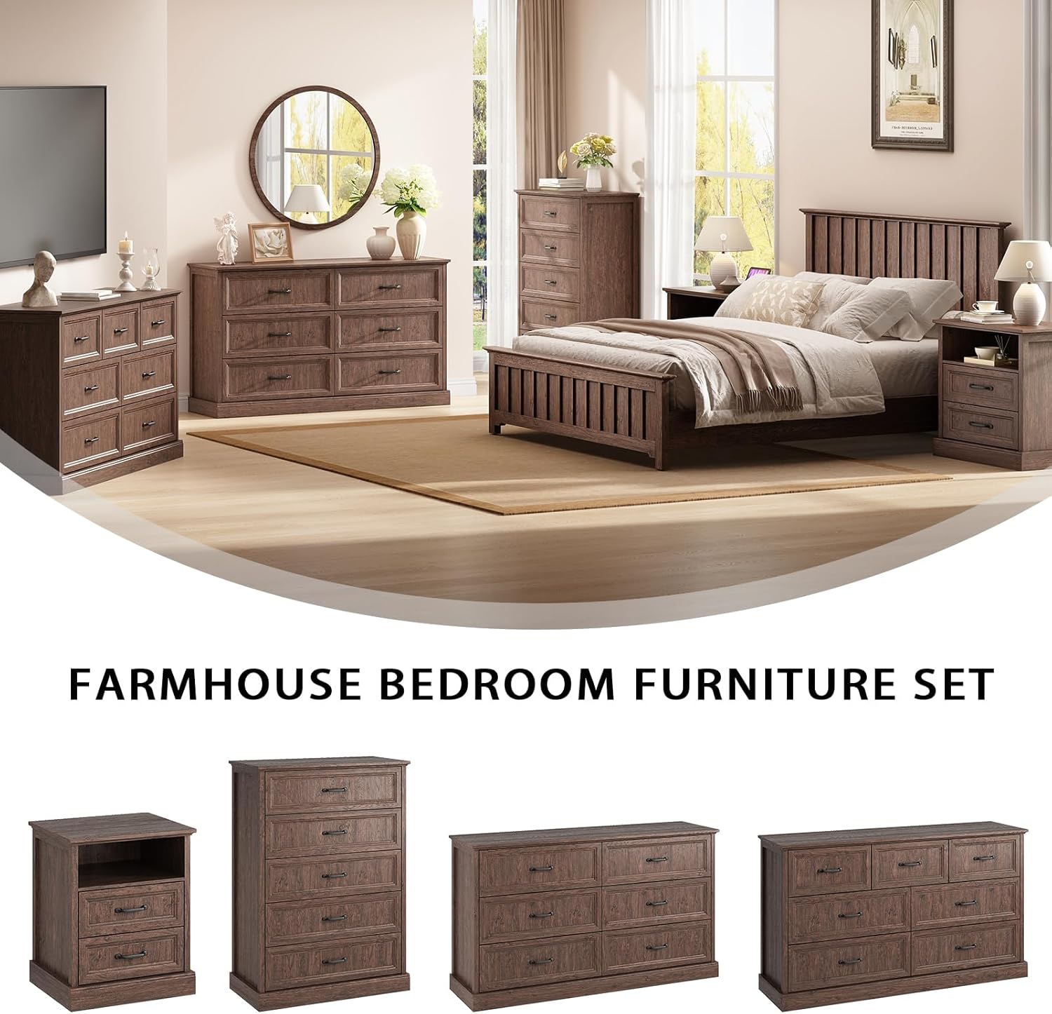 Farmhouse 6 Drawer Dresser for Bedroom, 55 Inch Wide Modern Brown Dresser TV Stand with Large