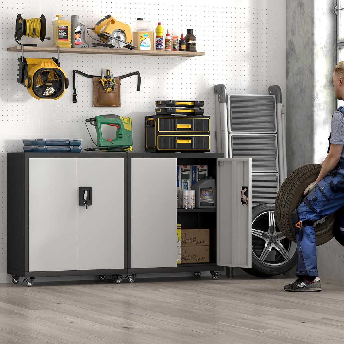 Locking Storage Cabinet,Steel Garage Cabinet with Wheels,Utility Tool Cabinet1 for Garage,Home
