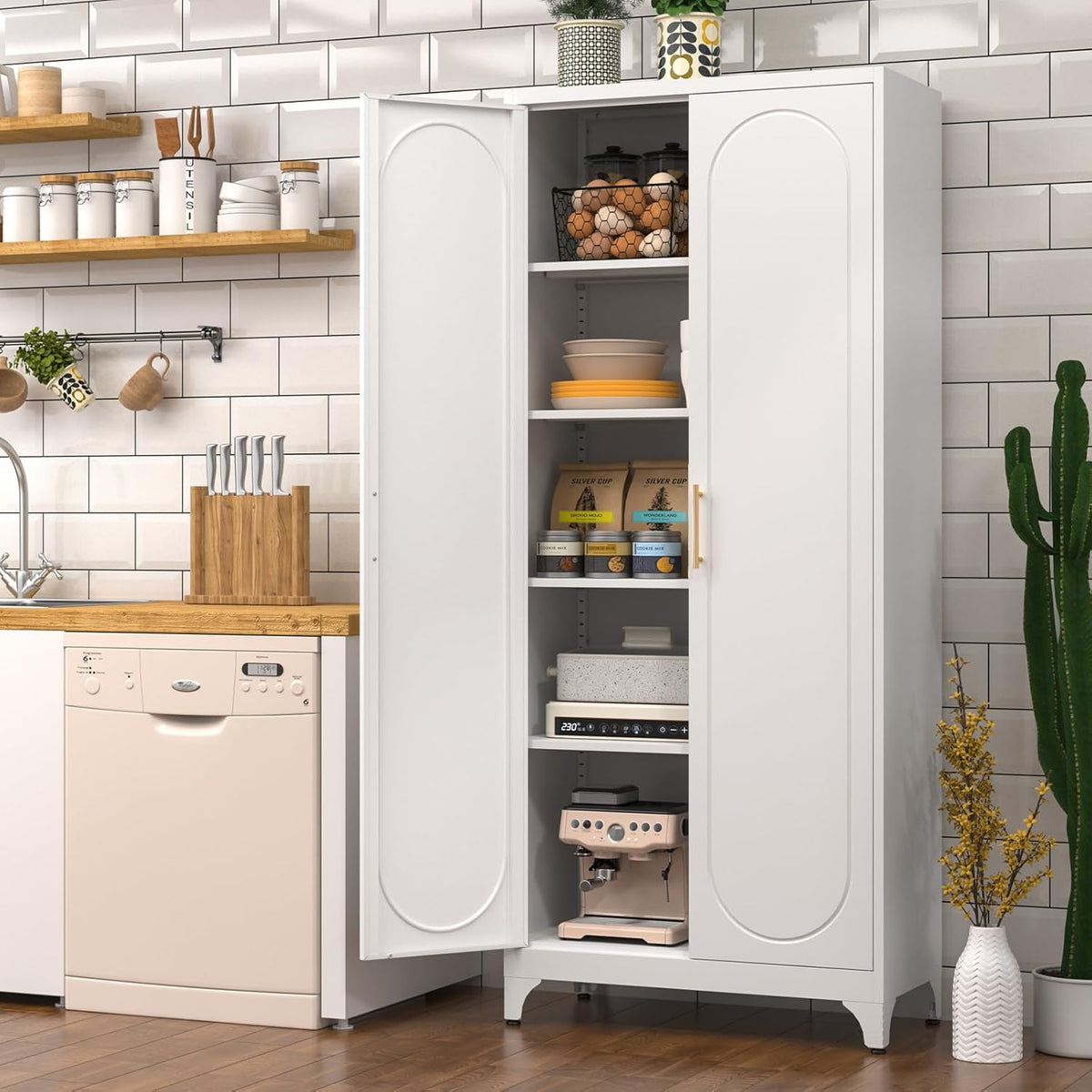 Metal Storage Cabinet with Doors and Shelves, 75 Inch Tall Kitchen Pantry Cabinet, Pantry Cabinets
