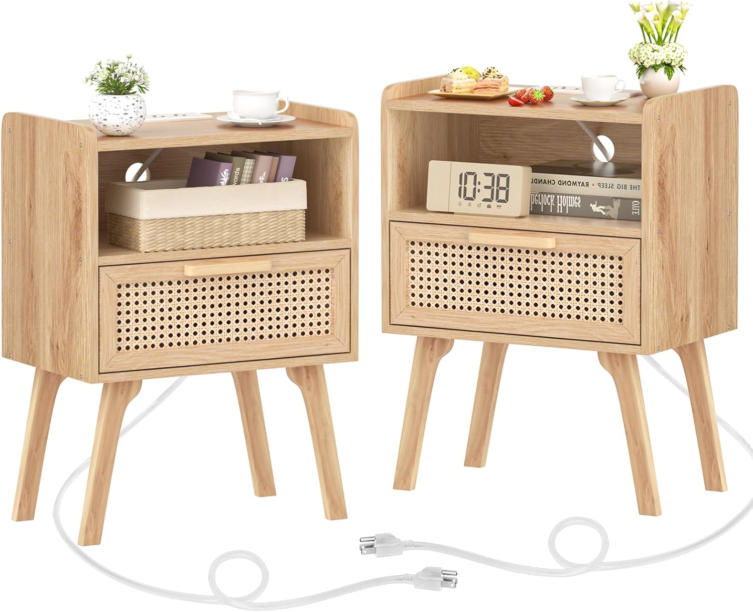 Lerliuo Rattan Nightstands Set of 2 with Charging Station, Boho Night Stand with Handmade Natural