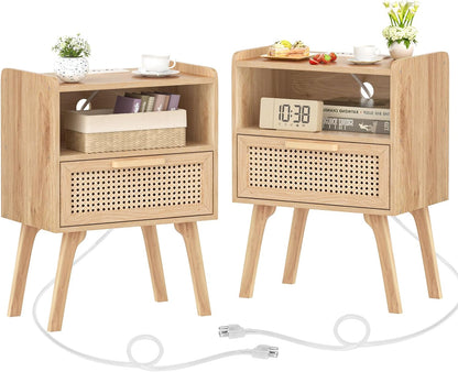 Lerliuo Rattan Nightstands Set of 2 with Charging Station, Boho Night Stand with Handmade Natural