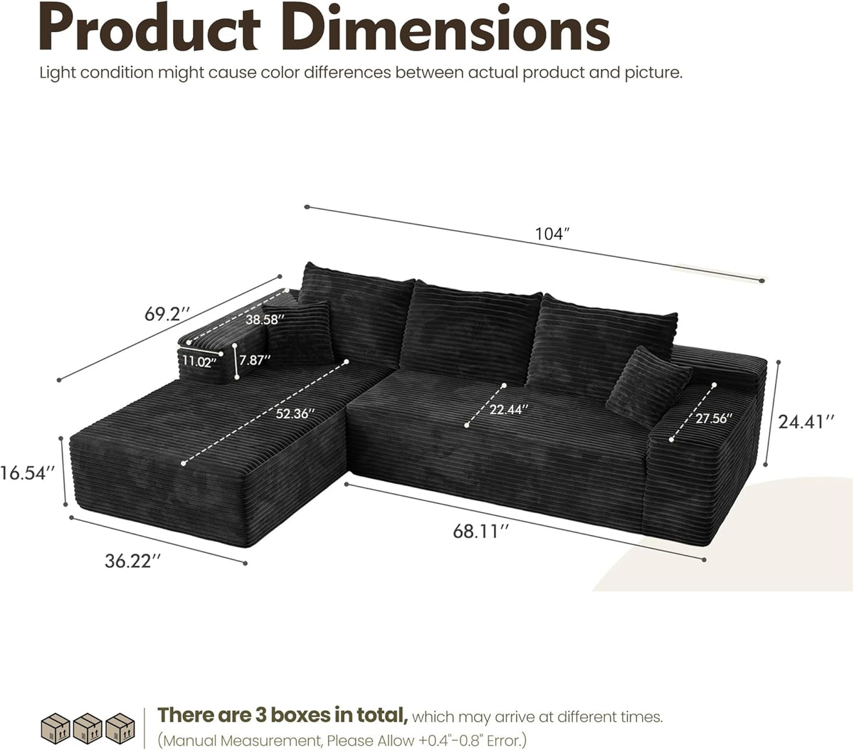 HOOOWOOO Cloud Sectional Couches for Living Room,Modular Sectional Sofa No Assembly,Plush Corduroy