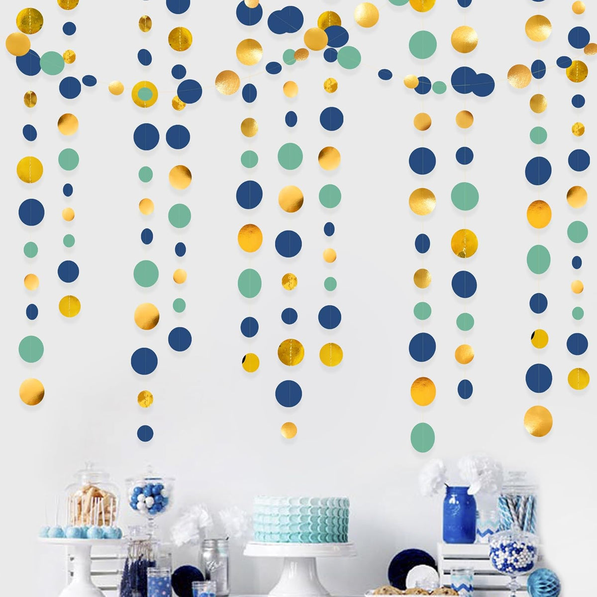 Blue Gold Green Decorations Circle Dots Garland Metallic Gold Navy Blue with Sage Green Hanging