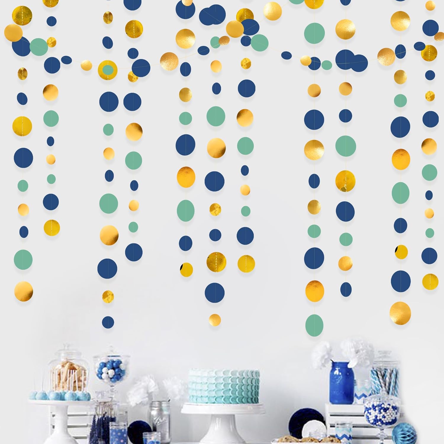 Blue Gold Green Decorations Circle Dots Garland Metallic Gold Navy Blue with Sage Green Hanging