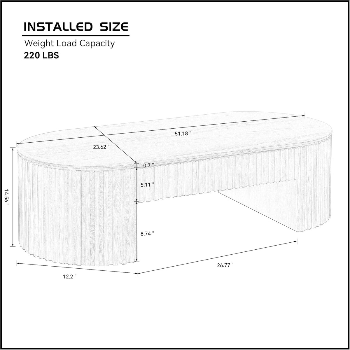 51.18'' Oval Coffee Table for Living Room Fluted Center Table with Drawer, Mid Century Modern