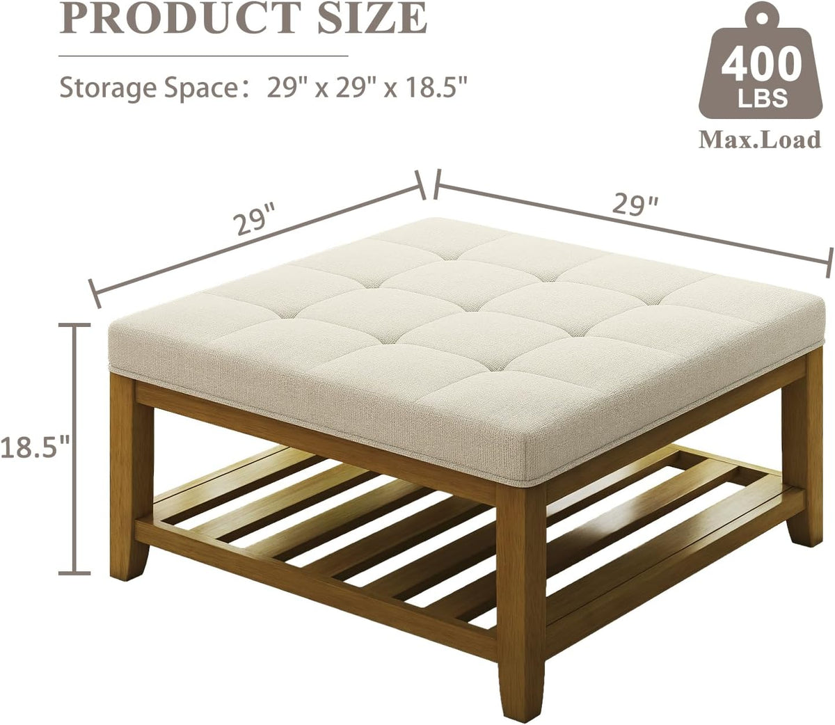 Large Square Ottoman Coffee Table, Linen Solid Upholstered Footrest Ottoman with Solid Wood Shelf
