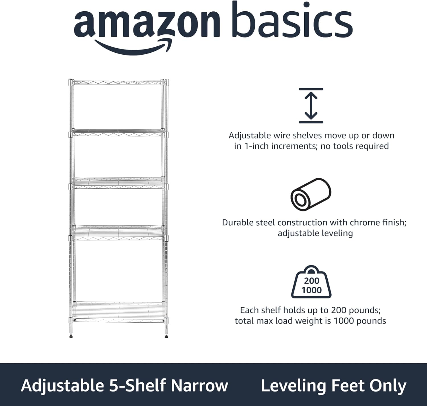 Amazon Basics 5-Shelf Adjustable, Storage Shelving Unit, (200 Pound Loading Capacity per Shelf)