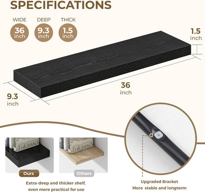 36 Inches Floating Shelves for Wall, 9.3" Deep Long Floating Shelves Set of 2, Large Display &