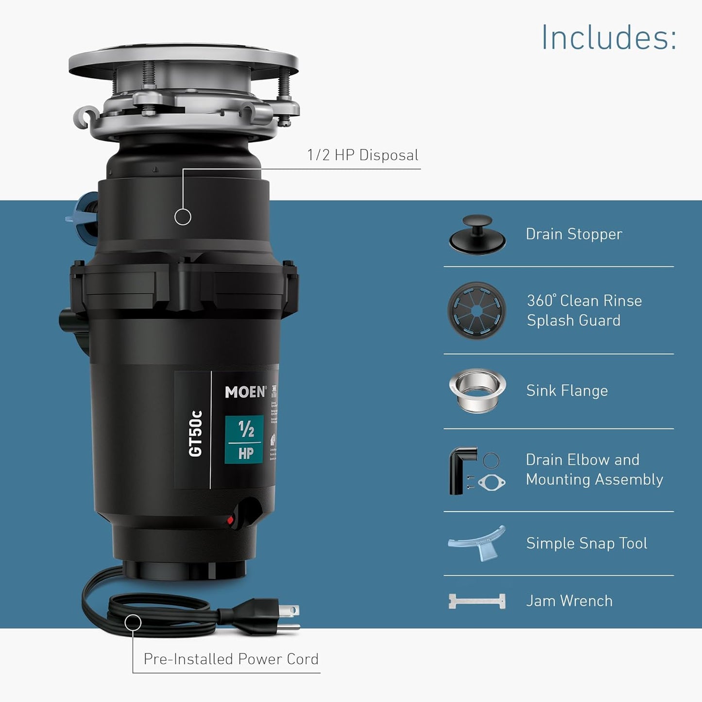 Moen Prep Series Disposer 1/2 Horsepower Continuous Feed Garbage Disposal featuring Fast Track