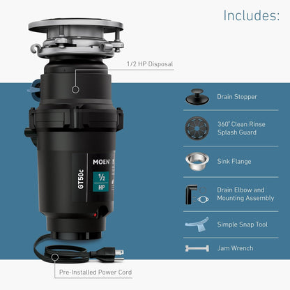 Moen Prep Series Disposer 1/2 Horsepower Continuous Feed Garbage Disposal featuring Fast Track