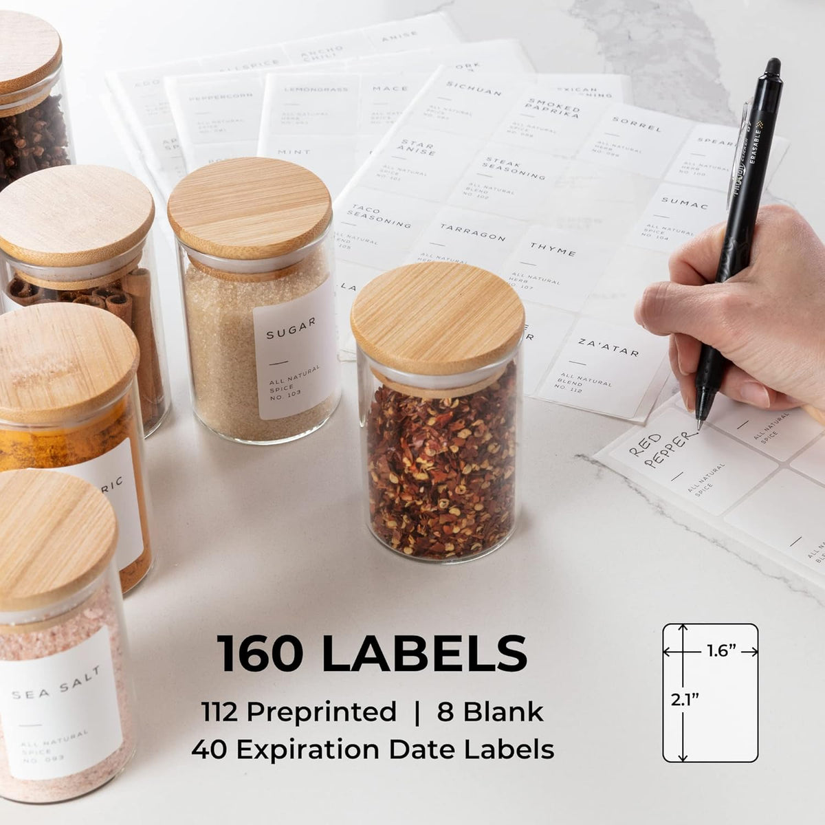 Empty Spice Jars with Label Pack (12x Bamboo Lid Glass Jar). Small 6oz Spice Storage Bottles with