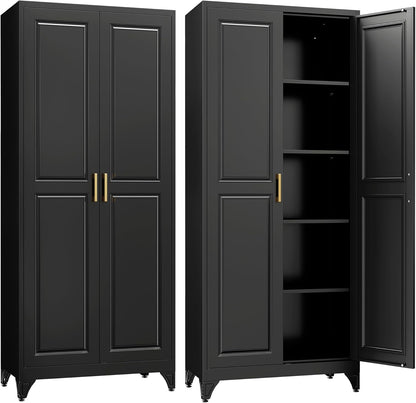 Kitchen Pantry Cabinet,75”Black Metal Storage Cabinets with Doors and 4 Adjustable Shelves,Kitchen