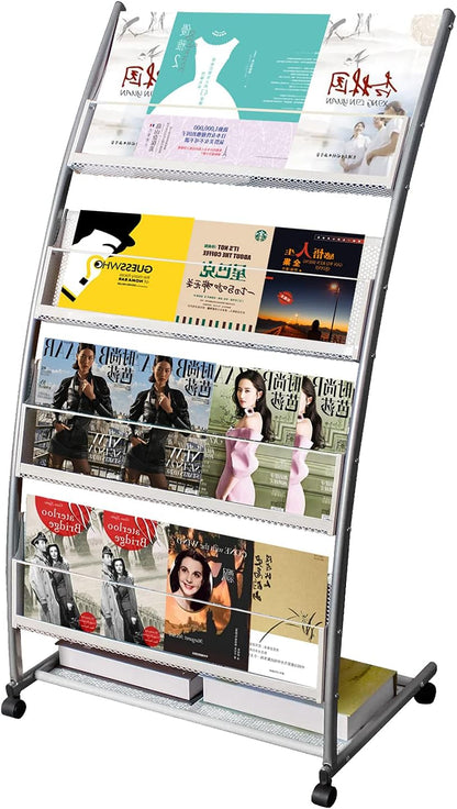 Brochure Display Stand, Floor-Standing Magazine Rack with 4 Pockets, Information Rack With casters