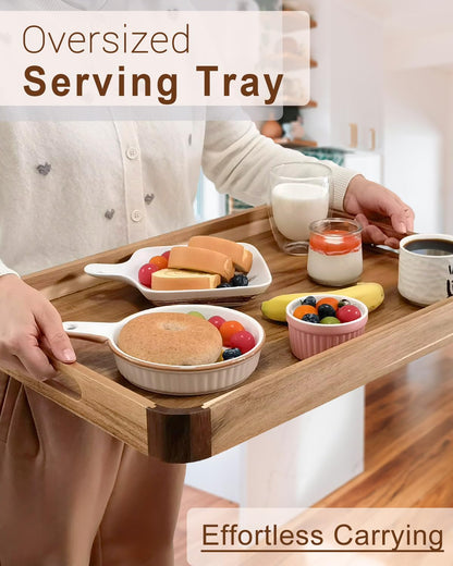 22 Inches Acacia Wood Serving Tray with Handles, Large Wooden Rectangle Ottoman Tray, Nice Home