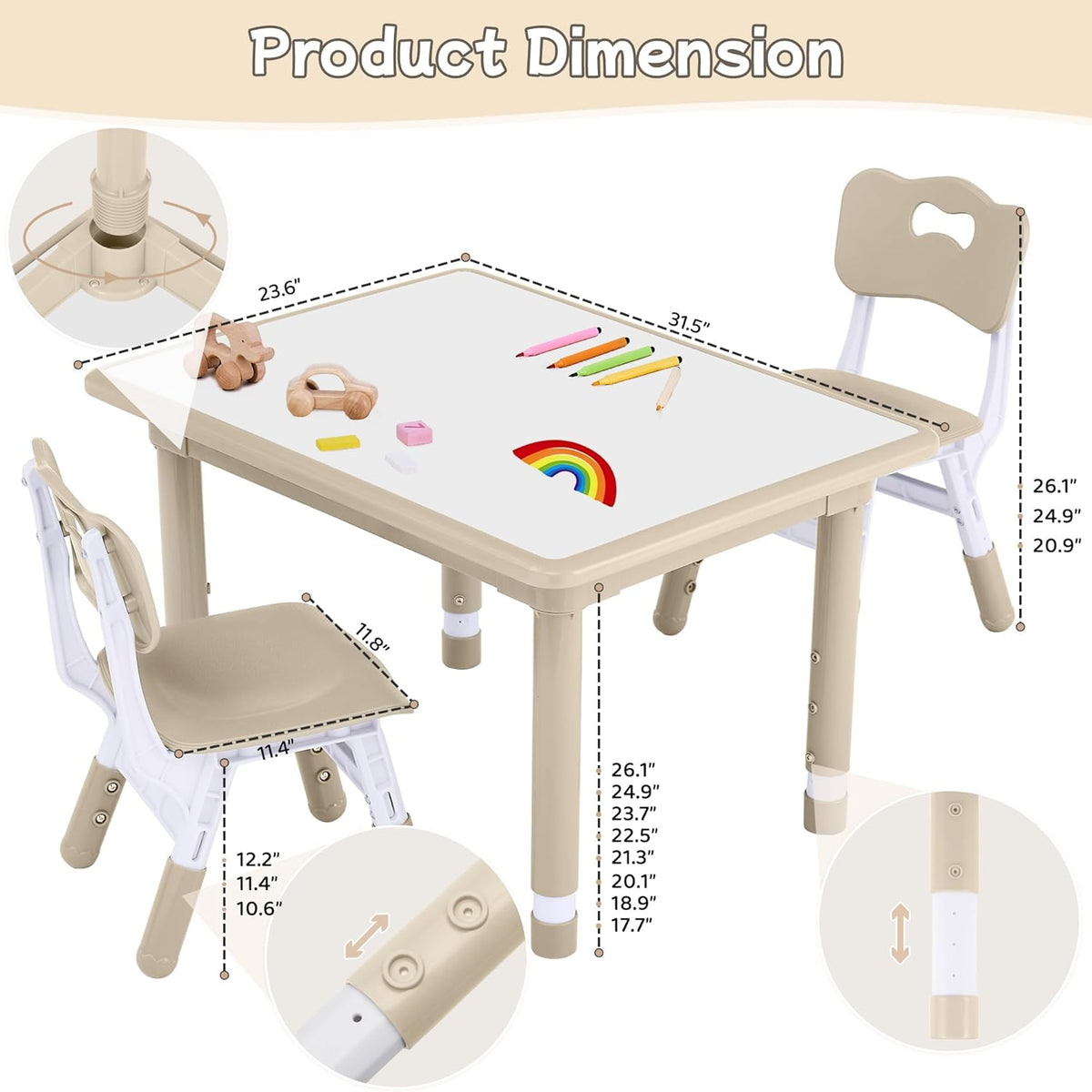 Toddler Table and Chair Set, Height Adjustable-Upgrade Kids Table and 2 Chairs for Ages 3-8