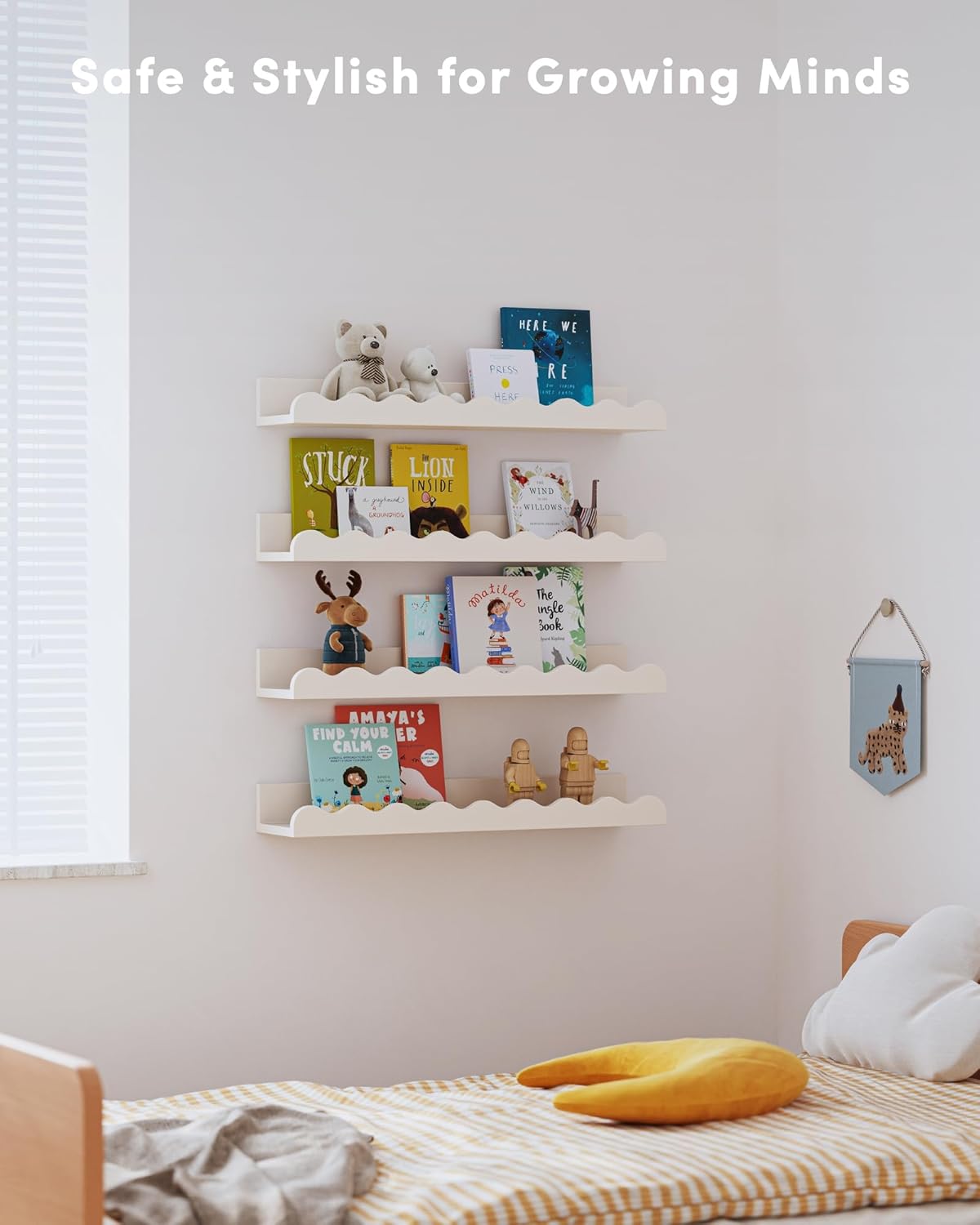 Kids' Bookshelf Set of 4 - White Floating Nursery Book Shelves, Picture Ledge Shelf for Wall Decor