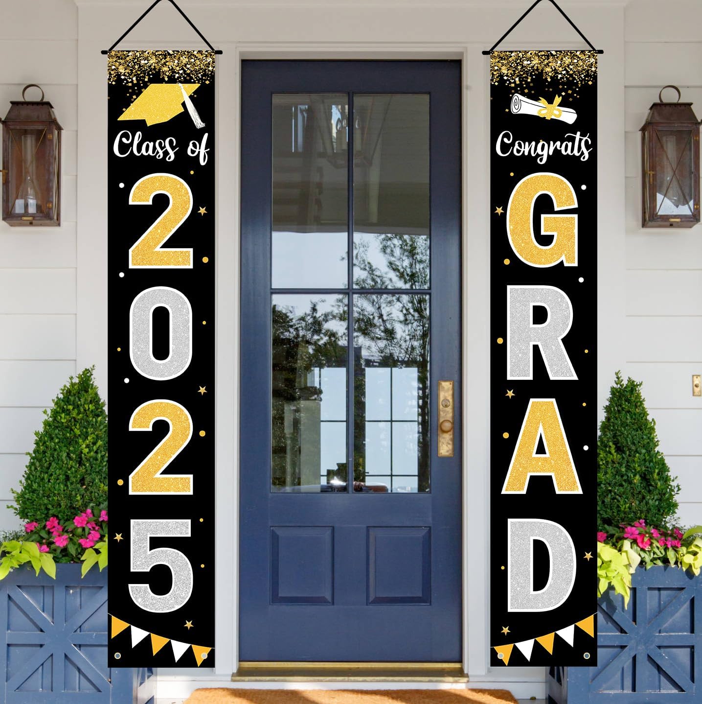 Graduation Decorations 2025 GRAD Banner Black Porch Door Sign Welcome Banner For Indoor Outdoor
