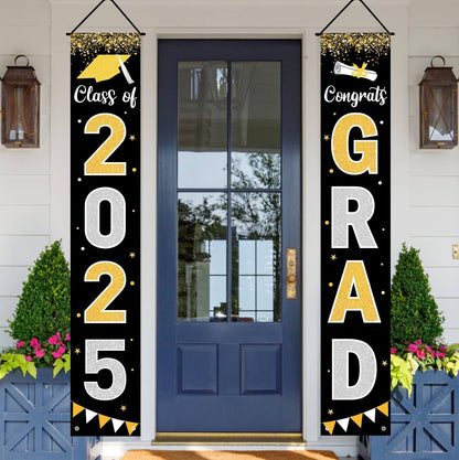 Graduation Decorations 2025 GRAD Banner Black Porch Door Sign Welcome Banner For Indoor Outdoor